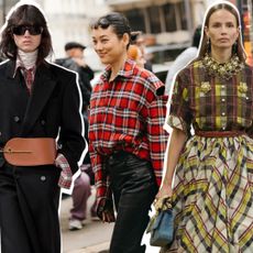 a collage of women wearing flannel shirt outfits at fashion week and on fashion runways from Celine and Chanel