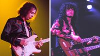 A comped image of two legends performing; on the left, Ritchie Blackmore of Deep Purple, playing a Strat, on the right, Jimmy Page of Led Zeppelin with his Gibson double-neck