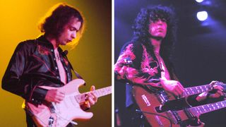A comped image of two legends performing; on the left, Ritchie Blackmore of Deep Purple, playing a Strat, on the right, Jimmy Page of Led Zeppelin with his Gibson double-neck