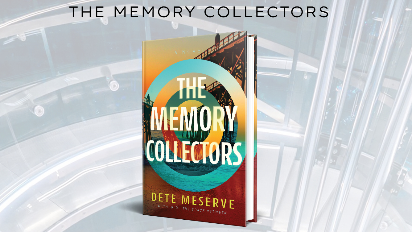 a book cover featuring a pier extending into the ocean along with the text The Memory Collectors by Dete Meserve