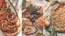 Three images showing roasted pumpkin slices, a rolled pork belly dish and a sweet pear tart with bay leaves and whole pears