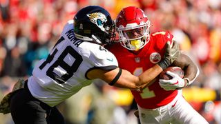 Chad Muma of the Jacksonville Jaguars tackles Jerick McKinnon of the Kansas City Chiefs in a recent Jaguar vs Chiefs NFL tie