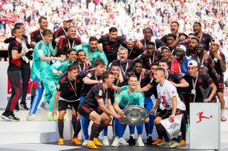 Bayern Munich players celebrate in May 2023 after winning the Bundesliga for the 11th season in a row.