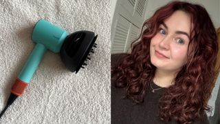 Two adjacent images showing the Dyson Supersonic Nural Hair Dryer with its diffuser attached on a cream fluffy background (left) and contributing beauty editor Lucy showing the results on her curly hair (right)