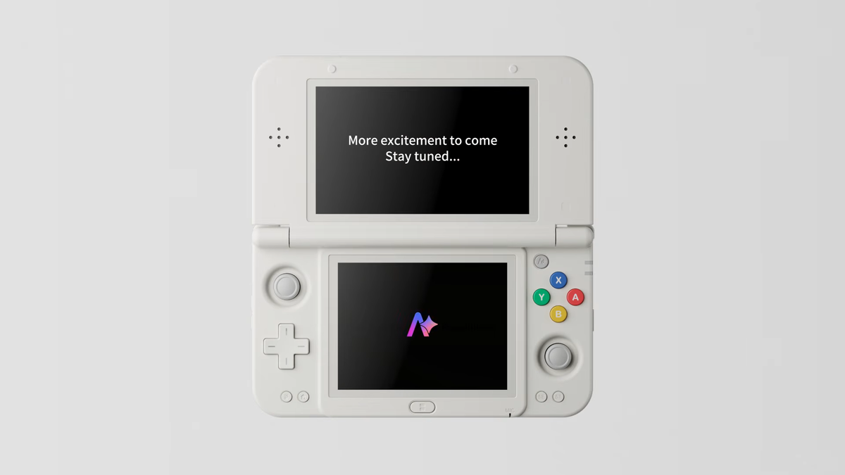 Anbernic RG DDS handheld in white with white backdrop.