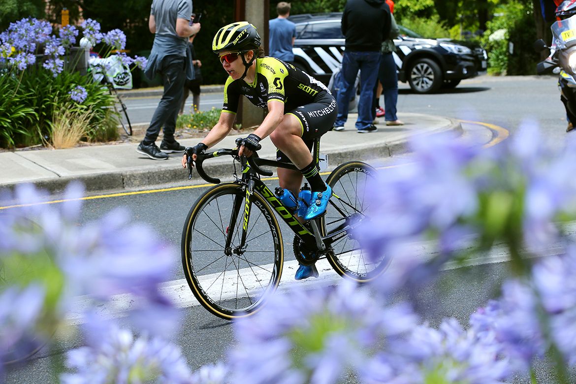 Amanda Spratt riding during stage three