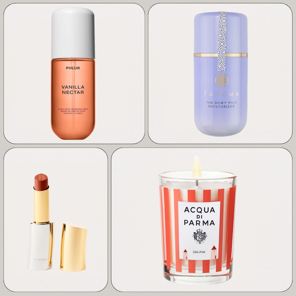 best new beauty products graphic, with Phlur Body Mist, Tatcha Dewy Milky Moisturiser, Byredo lip balm and Acqua Di Parma Candle