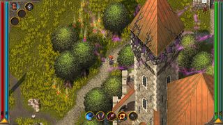 Hammerwatch 2 - a player walks through a medieval town with a tall tower and green trees