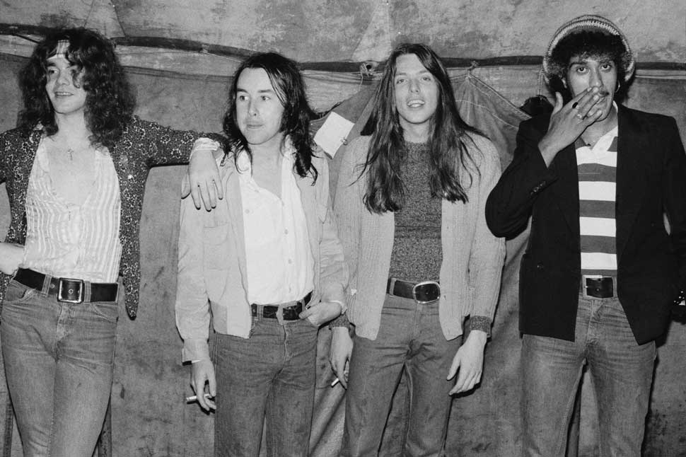 Thin Lizzy standing against a wall, 1975