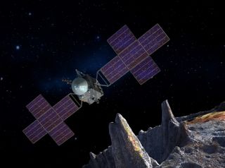 Artist's illustration showing NASA's Psyche probe approaching its asteroid namesake. 