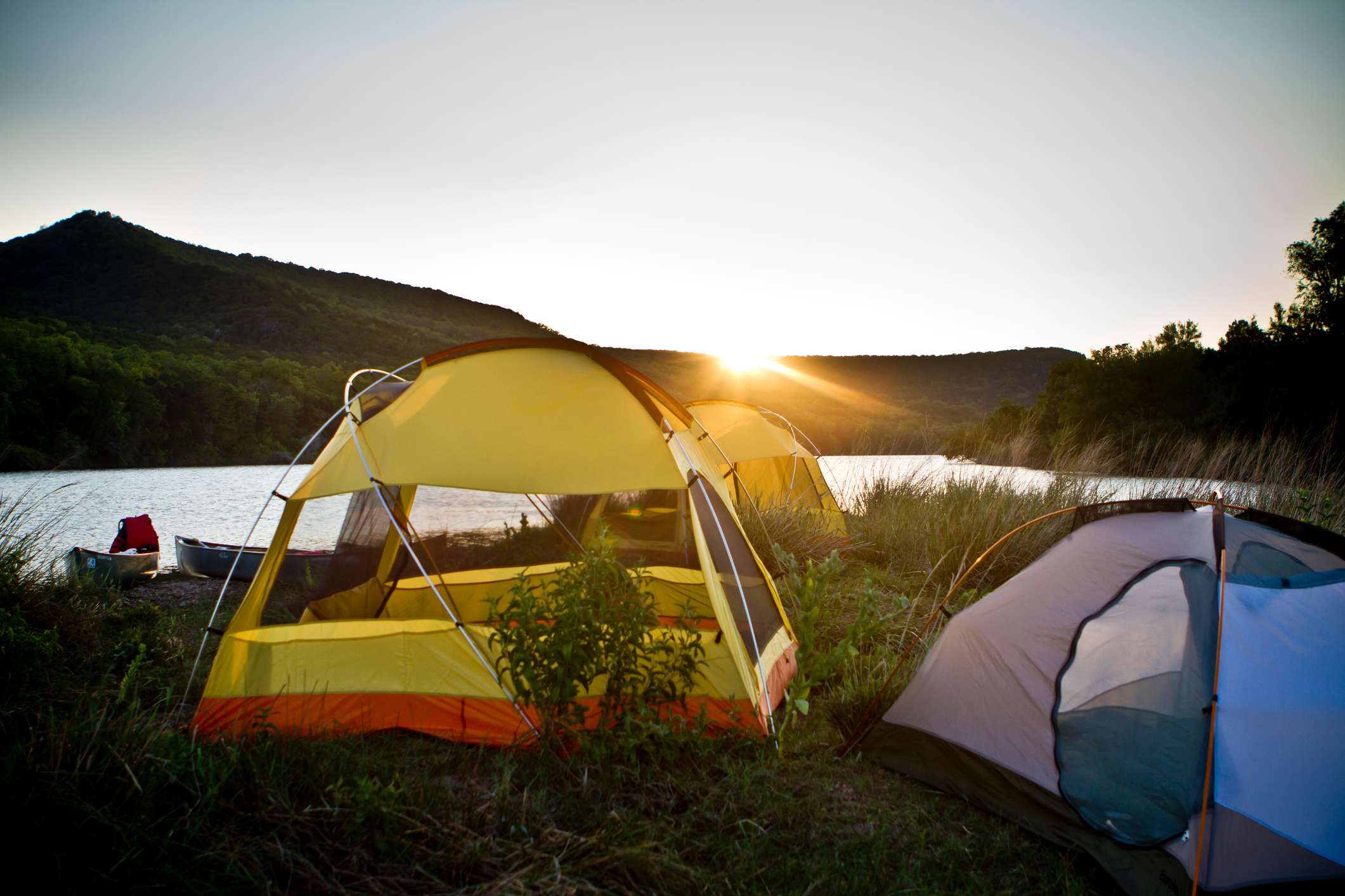 Campsite on the Brazos River at sunset in Texas