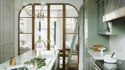 Sage green kitchen in Notting Hill apartment