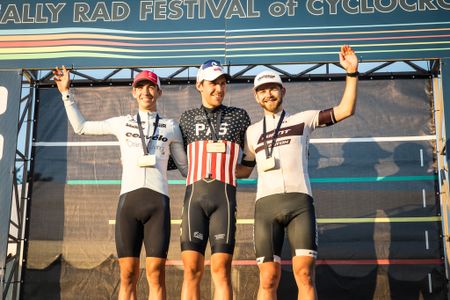 Men's elite podium on day 1 of the Really Rad Festival of Cyclocross: First Curtis White (Steve Tilford Foundation Racing), second Jules van Kempen (Cervelo / OrangeLiving), third Michael van den Ham (Giant-Easton)