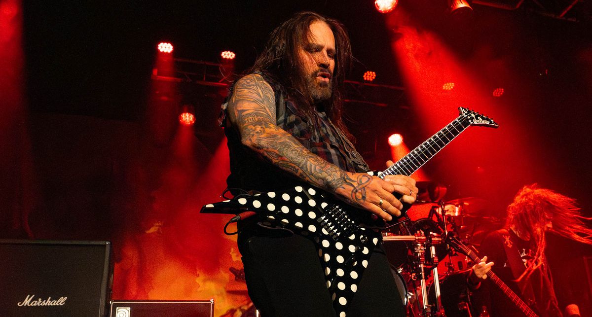 Phil Demmel plays a polka-dotted Jackson V onstage in London with Kerry King&#039;s new band