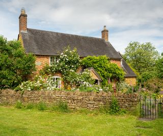 A cottage surrouneded by green fields with a wild cottage garden