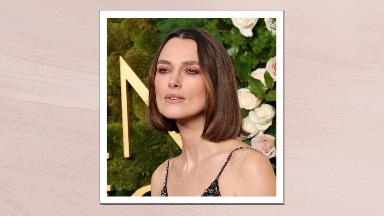 Keira Knightley is pictured with a short bob hairstyle and wearing a soft, rosy-nude lipstick at the 82nd Annual Golden Globe Awards at The Beverly Hilton on January 05, 2025 in Beverly Hills, California/ in a pastel pink template