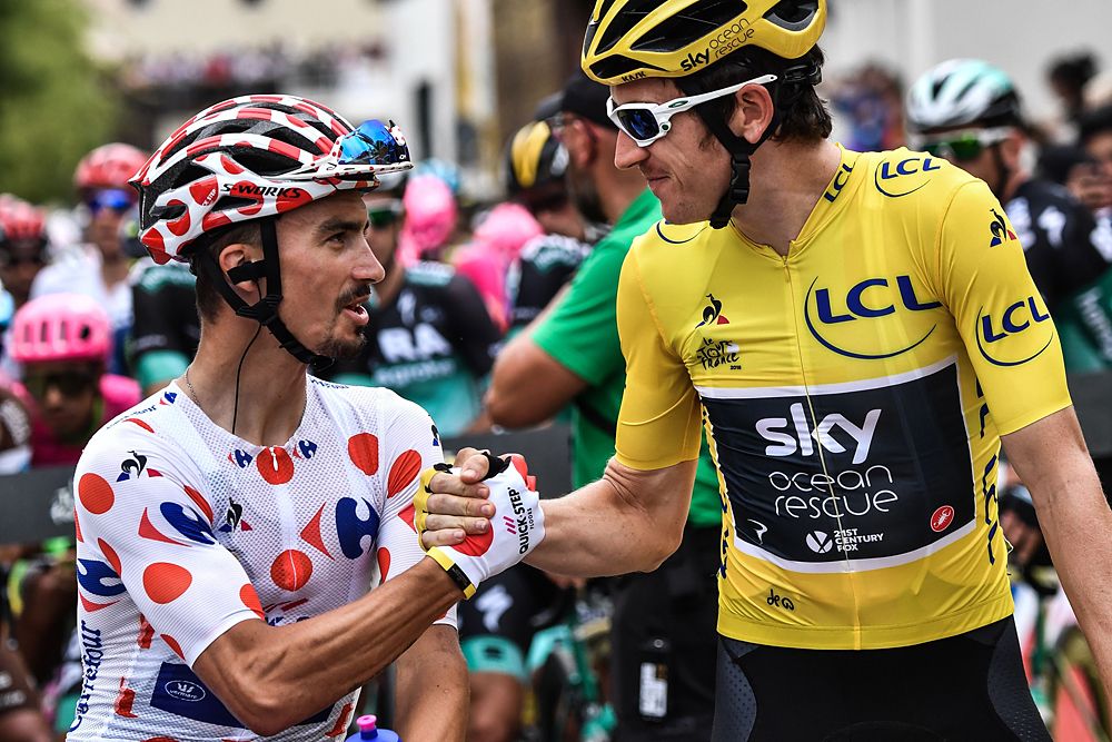 Geraint Thomas in yellow and Julian Alaphilippe in polka-dots at the start line of stage 21 at the Tour de France