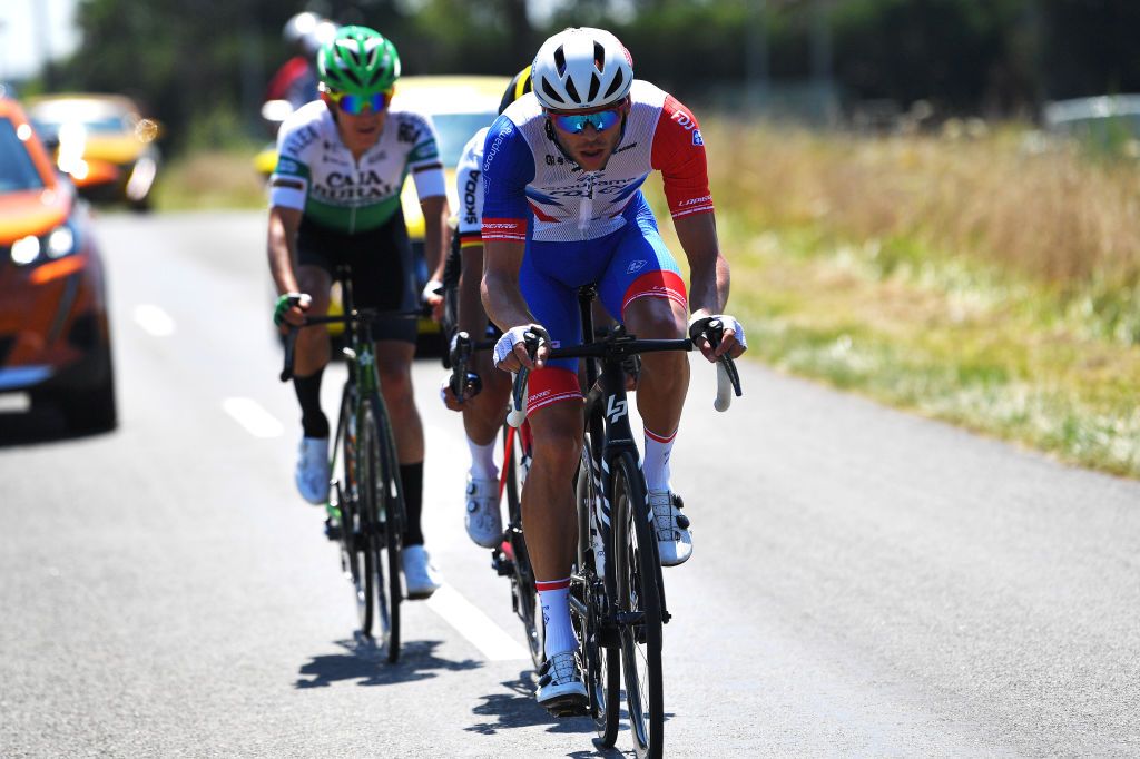 BOURGENBRESSE FRANCE JULY 29 Antoine Duchesne of Canada and Team Groupama FDJ in the Breakaway during the 33rd Tour de lAin 2021 Stage 1 a 1391km stage from Parc des Oiseaux to BourgenBresse 237m tourdelain on July 29 2021 in BourgenBresse France Photo by Luc ClaessenGetty Images