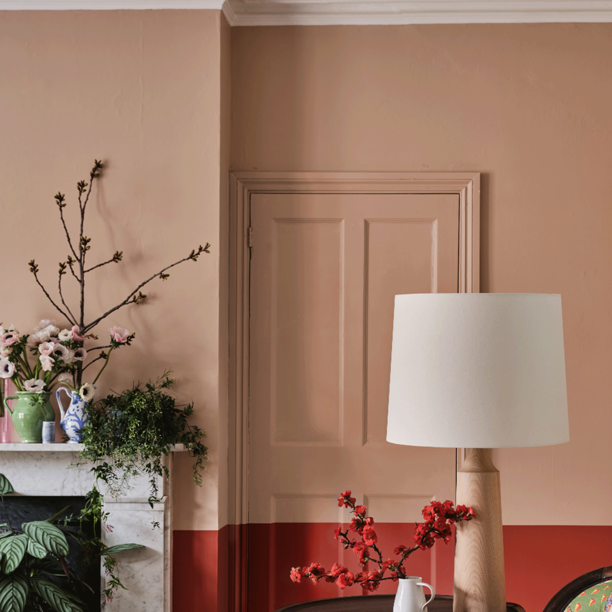 Pink living room with white lamp