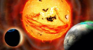 Artist's illustration of the young star EK Draconis unleashing a coronal mass ejection as two planets orbit. 