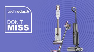 Shark, Dyson and Roborock cordless vacuum cleaners on a purple background with a TechRadar deals logo