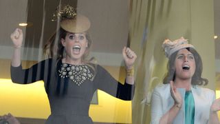 Princess Eugenie and Princess Beatrice cheer on the Queens horse "Estimate" to win The Gold Cup on Ladies Day on Day 3 of Royal Ascot at Ascot Racecourse on June 20, 2013