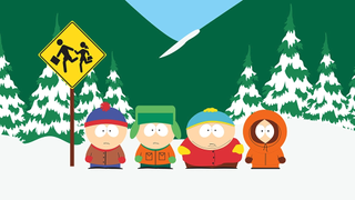 South Park's Cartman, Stan and Butters pictured in a snowy mountain environment. 