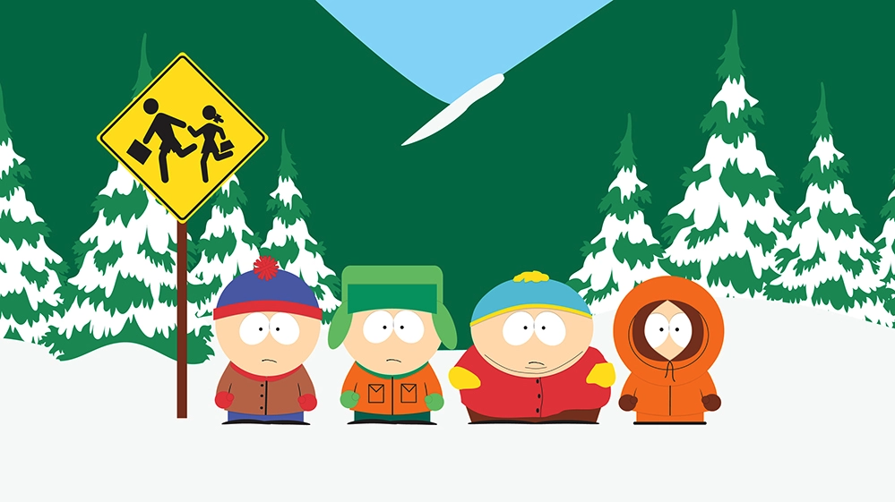 South Park&#039;s Cartman, Stan and Butters pictured in a snowy mountain environment. 