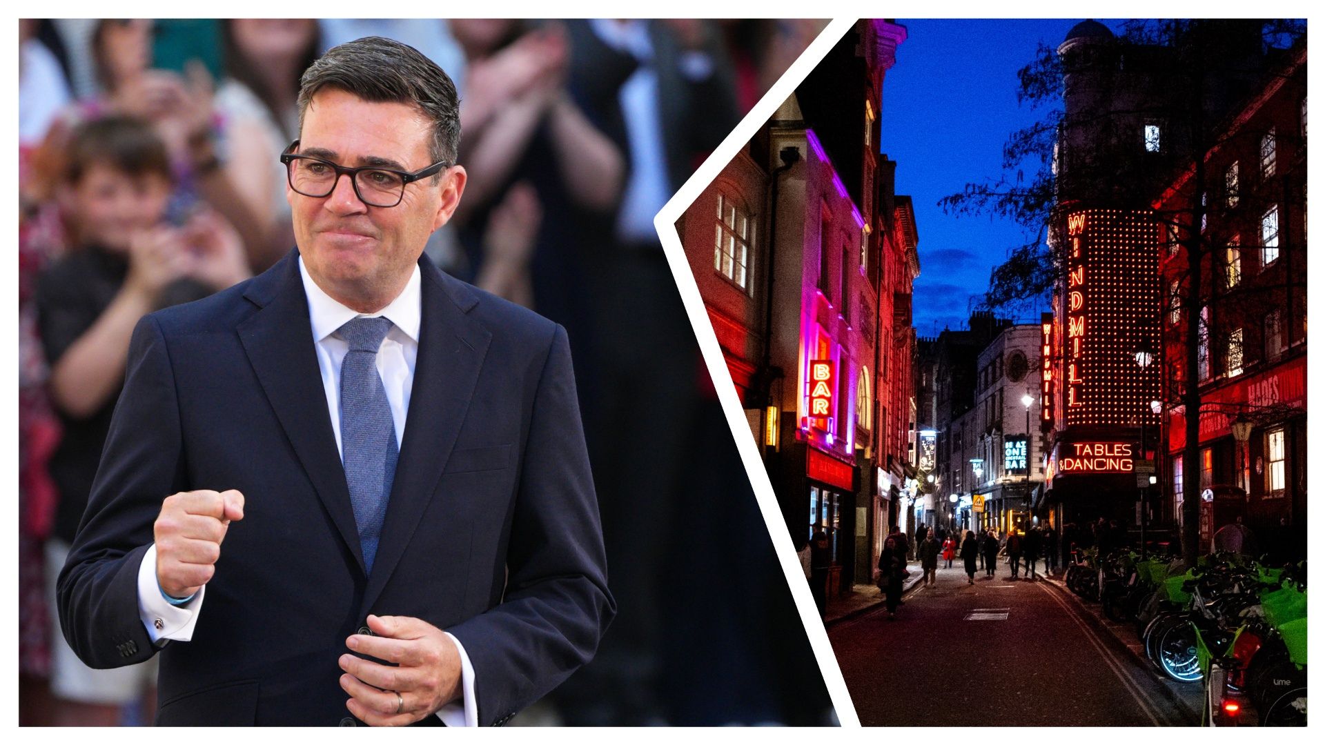 an image of new UK PM Andy Burnham (L) spliced with an image of a Soho street (R) at night, with neon signs for the theatre, bars, and a hotel all illuminated