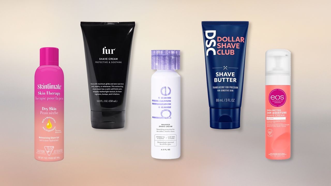 Product collage of Billie Whipped Shaving Cream, FUR Shave Cream, Skintimate Skin Therapy Dry Skin Women&#039;s Shave Gel, Dollar Shave Club Shave Butter, and Eos Shea Better 24H Moisture Shave Cream over grey and beige gradient background 