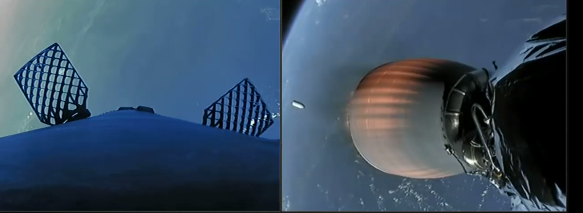 On the left, the first-stage Falcon 9 booster heads back toward Earth. On the right, the payload fairing falls to Earth as the Starlink satellites continue toward space.