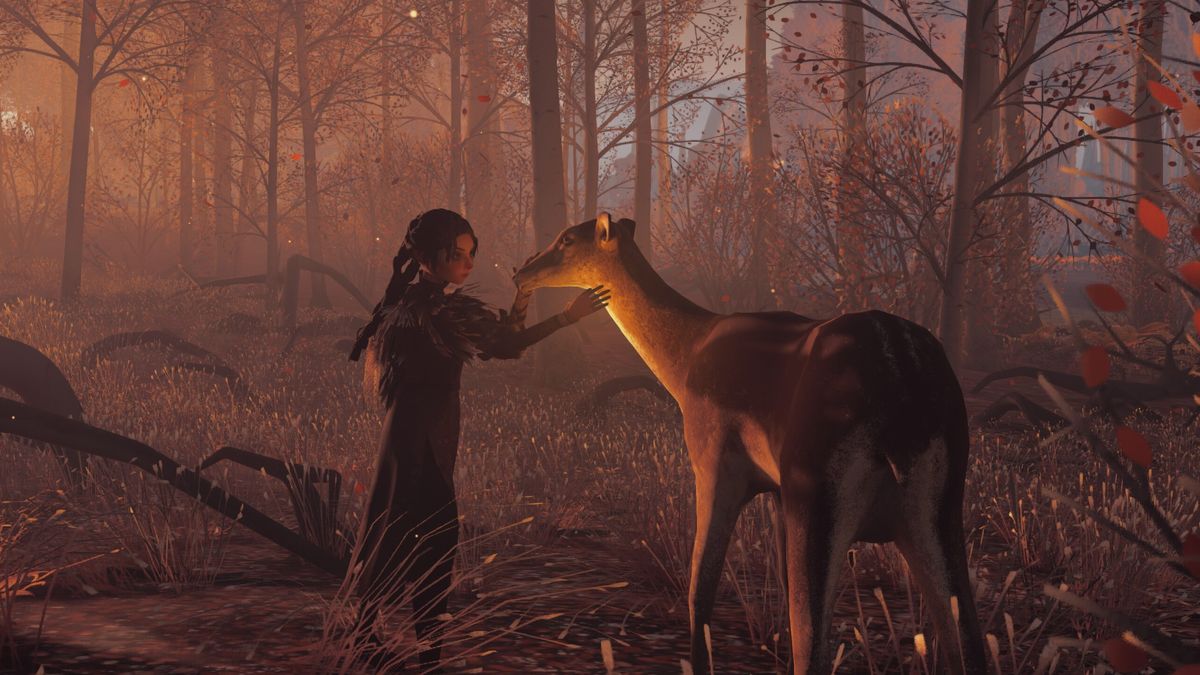 Reka - A young witch in a twilight woods pets a deer