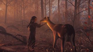 Reka - A young witch in a twilight woods pets a deer