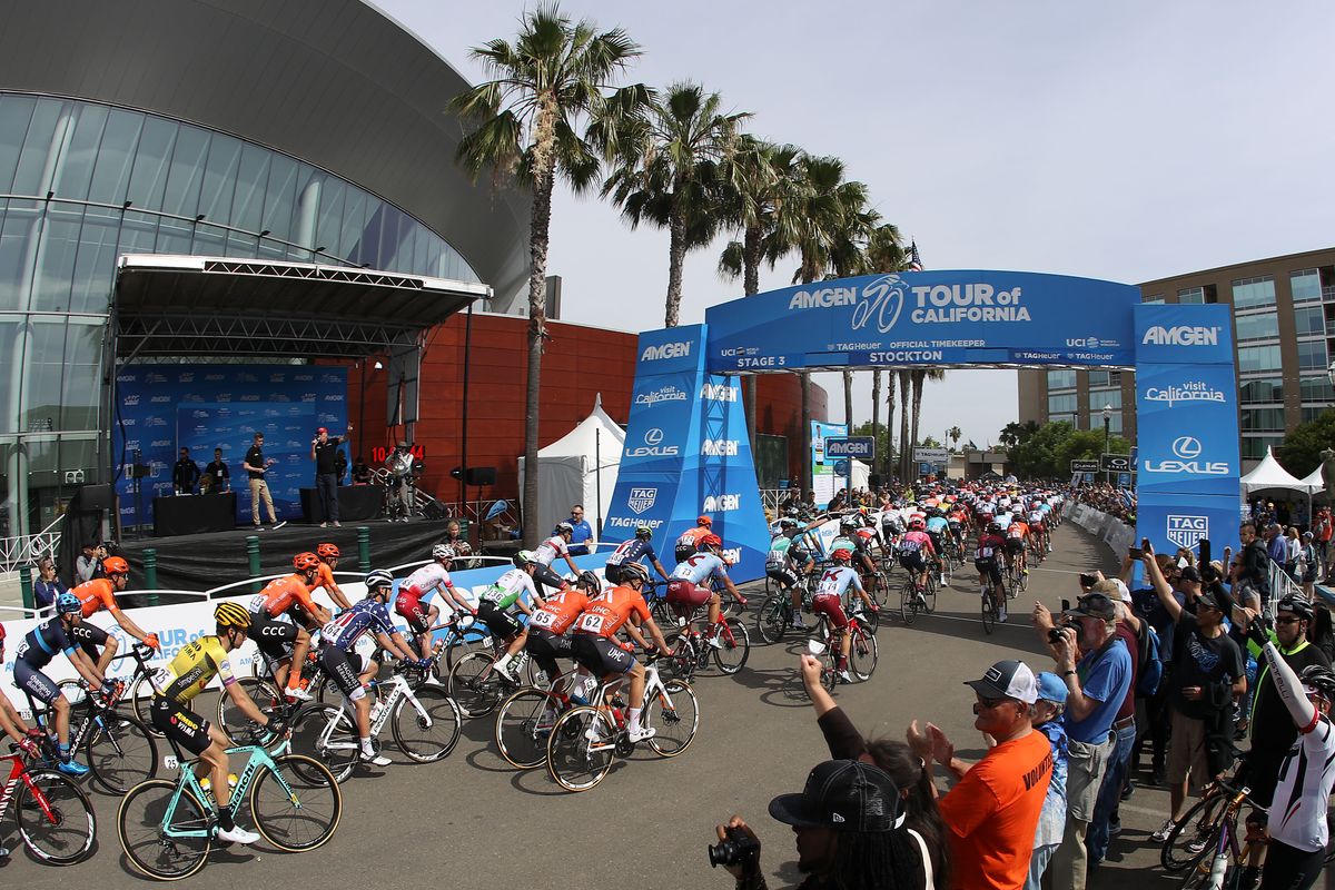 The peloton rolls out of Stockton for the start of stage 3 of the 2019 Tour of California