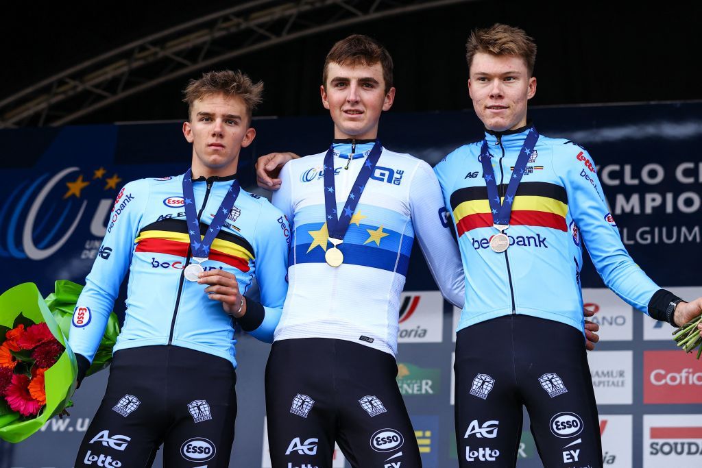 Belgian Thibau Nys Belgian Emiel Verstrynge and Belgian Witse Meeussen pictured on the podium after the U23 mens race at the European Championships cyclocross cycling Saturday 05 November 2022 in Namur Belgium BELGA PHOTO DAVID PINTENS Photo by DAVID PINTENS BELGA MAG Belga via AFP Photo by DAVID PINTENSBELGA MAGAFP via Getty Images