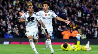 Crysencio Summerville celebrates scoring Leeds' fourth goal against Bournemouth.