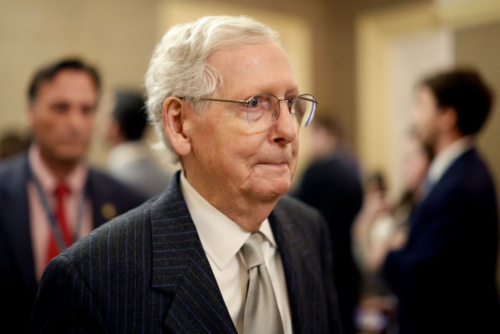 Senate Minority Leader Mitch McConnell, a Republican from Kentucky, at the US Capitol in Washington, DC, US, on Thursday, March 7, 2024. Election-year politics will increase the focus on President Joe Biden&#039;s State of the Union address and lawmakers&#039; reactions, as he&#039;s stumping to the nation just months before voters will decide control of the House, Senate, and White House. Photographer: Ting Shen/Bloomberg