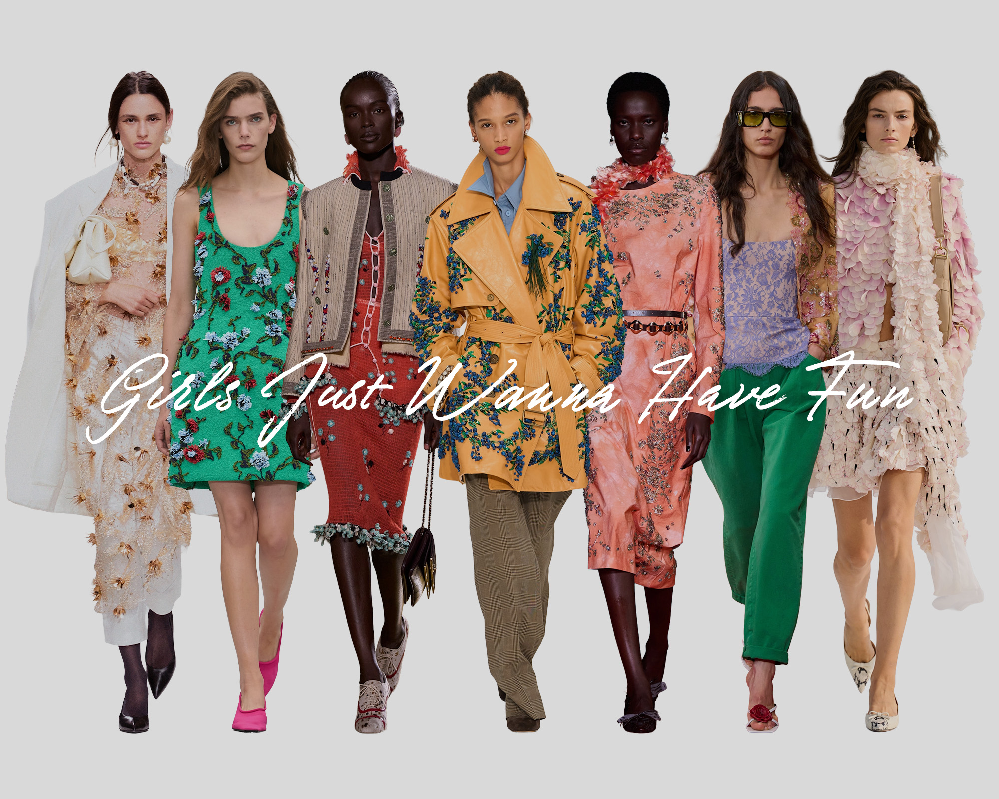 Collage of models wearing trends on the spring/summer 2027 runways.