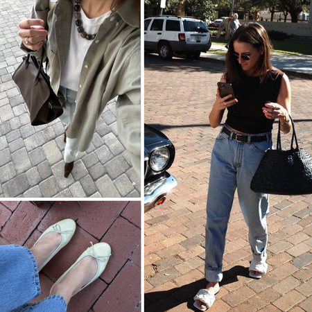 split image of Rachel Whitehouse wearing her wardrobe staples 