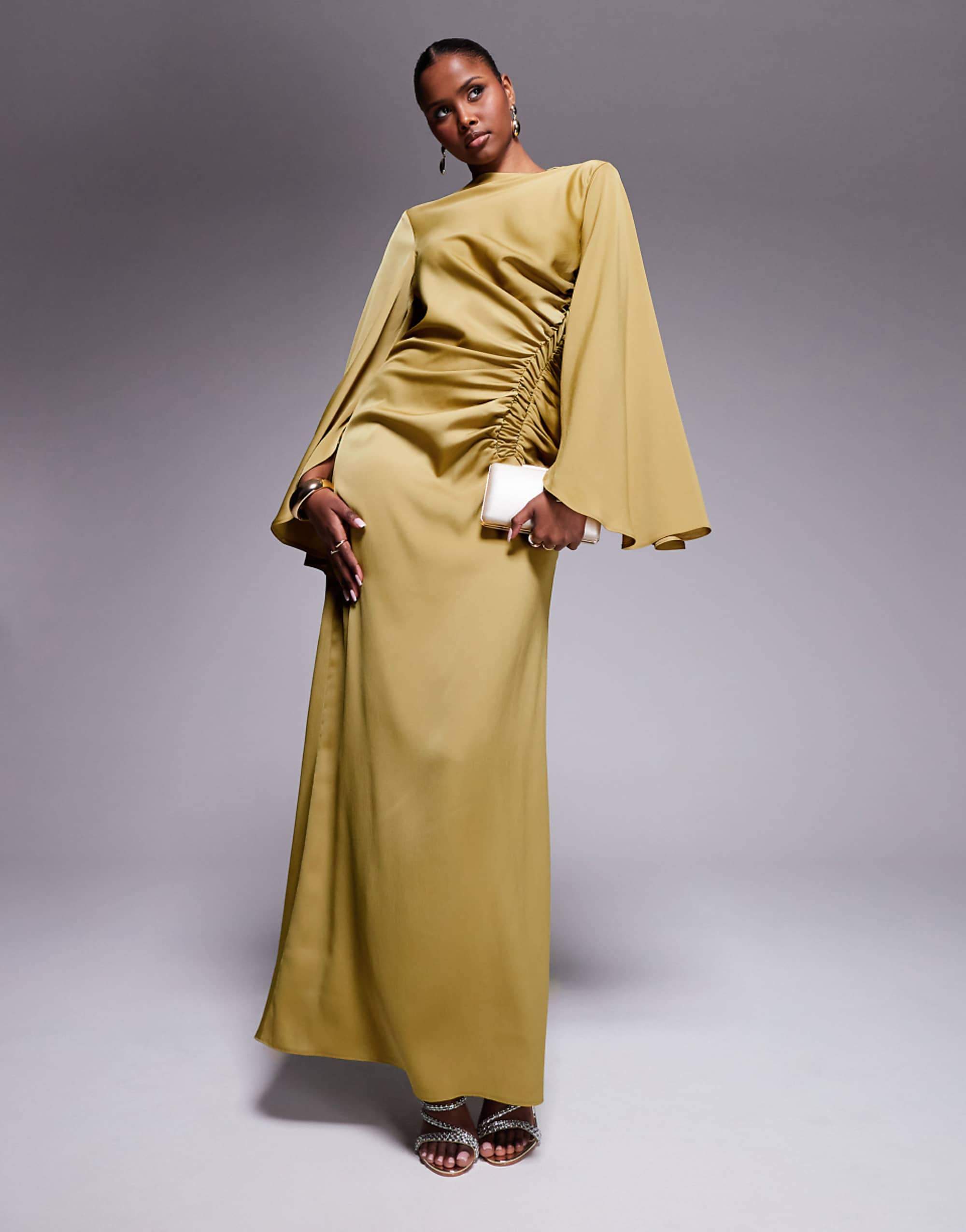 Asos Design Exaggerated Sleeve Bias Maxi Dress With Ruched Waist in Gold