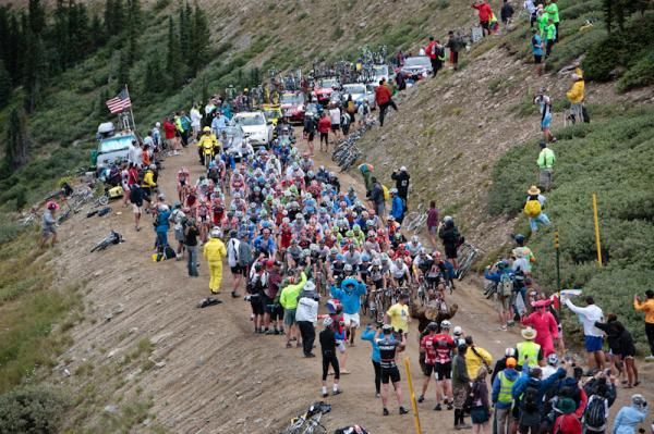 Fans great the riders on the top of Cottonwood Pass.
