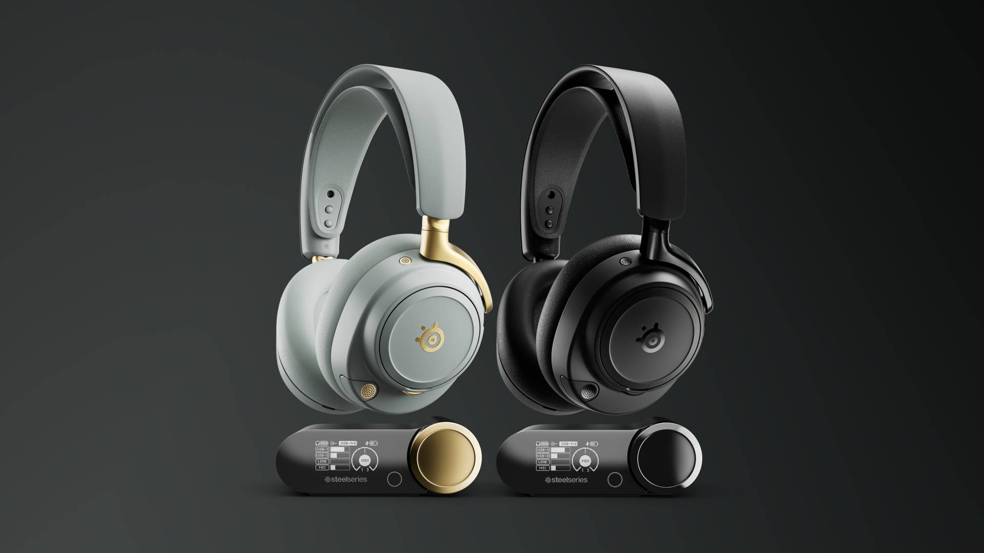 Official promo image that shows a white and black headset and matching base stations sitting next to each other.