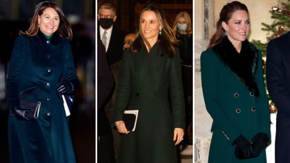 Composite of Carol Middleton, Pippa Middleton and the Princess of Wales wearing dark green coats on different occasions