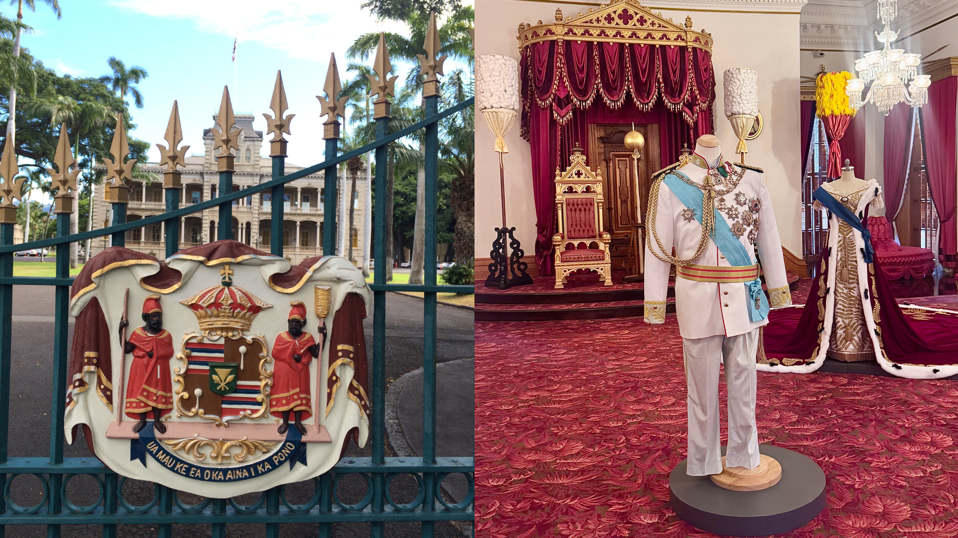 A split image with the exterior of Iolani Palace and the palace's throne room