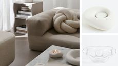Bubble home decor trend with neutral living room, a bubble candle holder and a bubble bowl