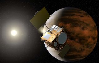 An artist's impression of JAXA's Akatsuki probe in orbit around Venus.