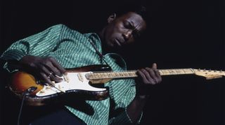 American blues guitarist and singer Buddy Guy performs live playing a Fender Stratocaster guitar on the American Folk Blues Festival tour in London in October 1965. 