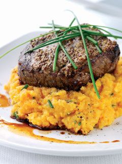 Peppered Beef with Sweet Potato Mash