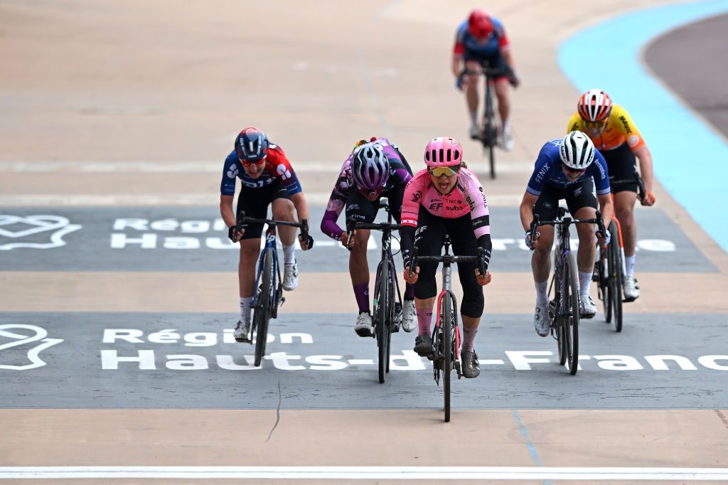 ROUBAIX FRANCE APRIL 08 LR Eugnie Duval of France and Team FDJSuez Katia Ragusa of Italy and Team Liv Racing Teqfind Alison Jackson of Canada and Team EF EducationTibcoSvb and Marthe Truyen of Belgium and Team FenixDeceuninck sprint at finish line during the 3rd ParisRoubaix Femmes 2023 a 1454km one day race from Denain to Roubaix UCIWWT on April 08 2023 in Roubaix France Photo by Luc ClaessenGetty Images