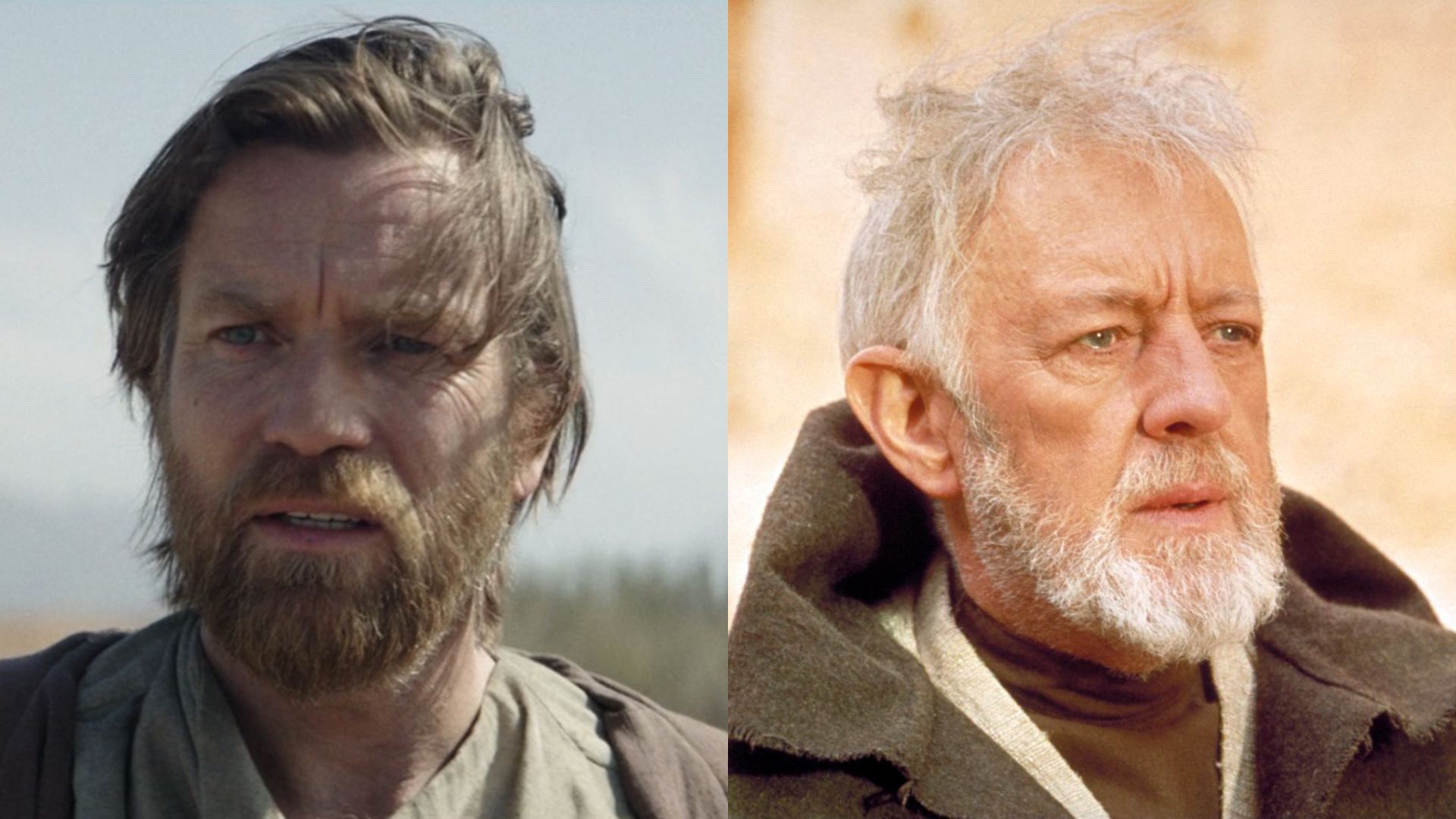 On the left Ewan McGregor and Alec Guinness on the right
